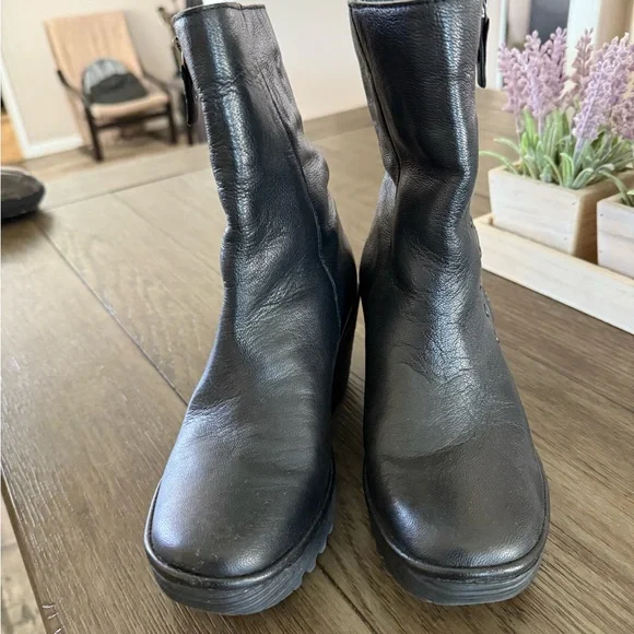 Fly London Black Leather Wedge Boots - Picture 2 of 13